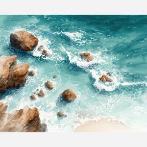 a, breezy, coastline, dotted, with, rocks, and, drifting, watercolor landscape, soft washes, pastel hues, natural scenery, gentle gradients, outdoor painting, light texture, soft foreground, distant horizon, atmospheric depth