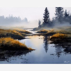a, luminous, marsh, glowing, with, subtle, reflections, watercolor landscape, soft washes, pastel hues, natural scenery, gentle gradients, outdoor painting, light texture, soft foreground, distant horizon, atmospheric depth