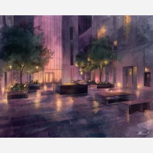 an, urban, view, of, a, evening, plaza, rendered, soft washes, pastel hues, natural flow, gentle gradients, atmospheric depth, textural blending, organic motion, diffused light, fine pigments, layered tones