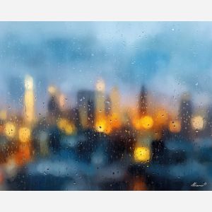 an, urban, view, of, a, rainy, skyline, rendered, soft washes, pastel hues, natural flow, gentle gradients, atmospheric depth, textural blending, organic motion, diffused light, fine pigments, layered tones