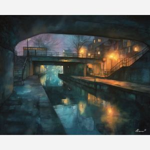 an, urban, view, of, a, nocturnal, canal, rendered, soft washes, pastel hues, natural flow, gentle gradients, atmospheric depth, textural blending, organic motion, diffused light, fine pigments, layered tones