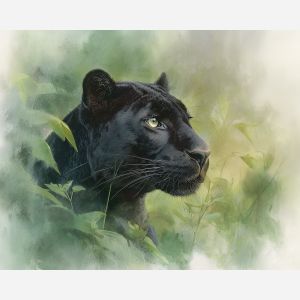 a, silent, panther, in, a, natural, setting, painted, soft washes, pastel hues, natural flow, gentle gradients, atmospheric depth, textural blending, organic motion, diffused light, fine pigments, layered tones