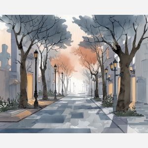 an, urban, view, of, a, serene, boulevard, rendered, soft washes, pastel hues, natural flow, gentle gradients, atmospheric depth, textural blending, organic motion, diffused light, fine pigments, layered tones