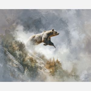 a, soaring, bear, in, a, natural, setting, painted, soft washes, pastel hues, natural flow, gentle gradients, atmospheric depth, textural blending, organic motion, diffused light, fine pigments, layered tones