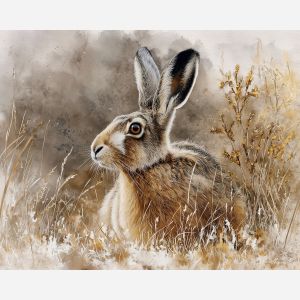 a, velvet, hare, in, a, natural, setting, painted, soft washes, pastel hues, natural flow, gentle gradients, atmospheric depth, textural blending, organic motion, diffused light, fine pigments, layered tones