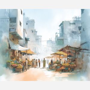 an, urban, view, of, a, gentle, market, rendered, soft washes, pastel hues, natural flow, gentle gradients, atmospheric depth, textural blending, organic motion, diffused light, fine pigments, layered tones