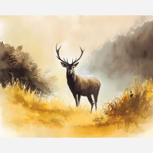 a, amber, deer, in, a, natural, setting, painted, soft washes, pastel hues, natural flow, gentle gradients, atmospheric depth, textural blending, organic motion, diffused light, fine pigments, layered tones