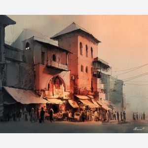 an, urban, view, of, a, old, market, rendered, soft washes, pastel hues, natural flow, gentle gradients, atmospheric depth, textural blending, organic motion, diffused light, fine pigments, layered tones