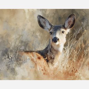 a, silent, deer, in, a, natural, setting, painted, soft washes, pastel hues, natural flow, gentle gradients, atmospheric depth, textural blending, organic motion, diffused light, fine pigments, layered tones