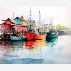 a, peaceful, harbor, with, boats, resting, in, still, watercolor landscape, soft washes, pastel hues, natural scenery, gentle gradients, outdoor painting, light texture, soft foreground, distant horizon, atmospheric depth