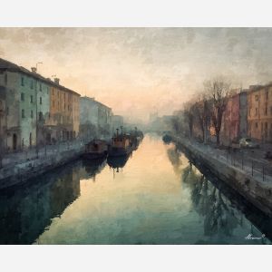 an, urban, view, of, a, evening, canal, rendered, soft washes, pastel hues, natural flow, gentle gradients, atmospheric depth, textural blending, organic motion, diffused light, fine pigments, layered tones