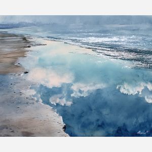 a, shoreline, reflection, shimmering, in, pale, blues, watercolor landscape, soft washes, pastel hues, natural scenery, gentle gradients, outdoor painting, light texture, soft foreground, distant horizon, atmospheric depth