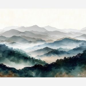 quiet, foothills, layered, in, misty, tones, watercolor landscape, soft washes, pastel hues, natural scenery, gentle gradients, outdoor painting, light texture, soft foreground, distant horizon, atmospheric depth