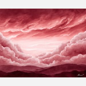 a, crimson, sky, vista, with, sweeping, clouds, watercolor landscape, soft washes, pastel hues, natural scenery, gentle gradients, outdoor painting, light texture, soft foreground, distant horizon, atmospheric depth