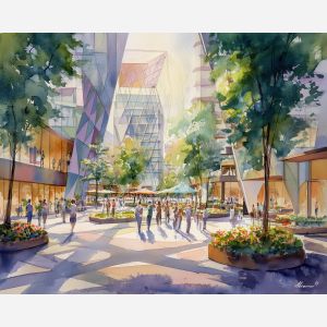 an, urban, view, of, a, dreamlike, plaza, rendered, soft washes, pastel hues, natural flow, gentle gradients, atmospheric depth, textural blending, organic motion, diffused light, fine pigments, layered tones