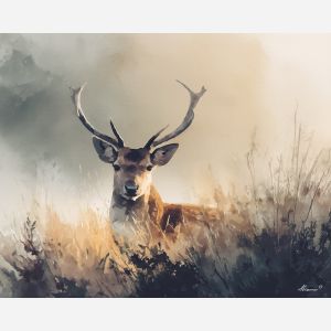 a, velvet, deer, in, a, natural, setting, painted, soft washes, pastel hues, natural flow, gentle gradients, atmospheric depth, textural blending, organic motion, diffused light, fine pigments, layered tones