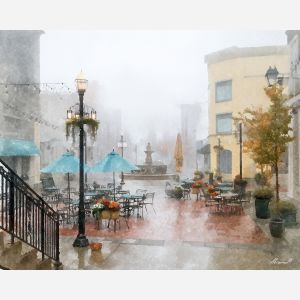 an, urban, view, of, a, misty, plaza, rendered, soft washes, pastel hues, natural flow, gentle gradients, atmospheric depth, textural blending, organic motion, diffused light, fine pigments, layered tones