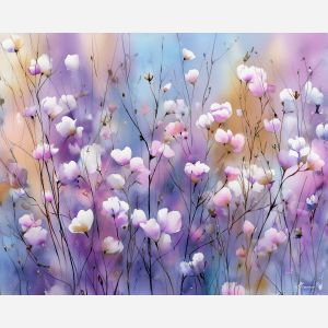 a, field, of, blossoms, swaying, in, soft, watercolor, watercolor landscape, soft washes, pastel hues, natural scenery, gentle gradients, outdoor painting, light texture, soft foreground, distant horizon, atmospheric depth