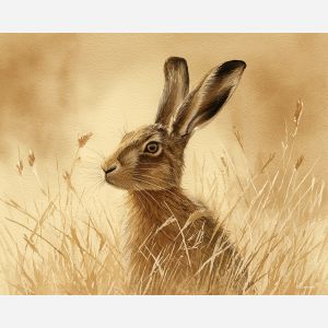 a, amber, hare, in, a, natural, setting, painted, soft washes, pastel hues, natural flow, gentle gradients, atmospheric depth, textural blending, organic motion, diffused light, fine pigments, layered tones