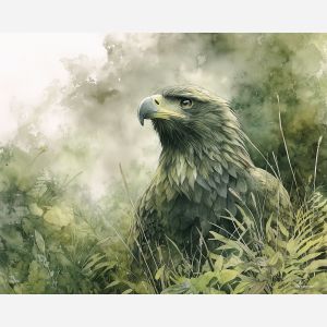 a, verdant, eagle, in, a, natural, setting, painted, soft washes, pastel hues, natural flow, gentle gradients, atmospheric depth, textural blending, organic motion, diffused light, fine pigments, layered tones
