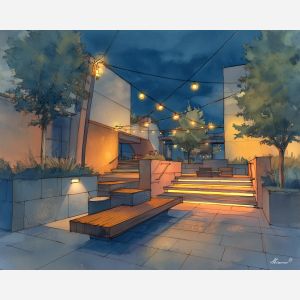 an, urban, view, of, a, nocturnal, plaza, rendered, soft washes, pastel hues, natural flow, gentle gradients, atmospheric depth, textural blending, organic motion, diffused light, fine pigments, layered tones