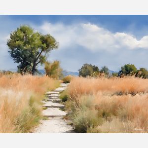 a, meadow, pathway, lined, with, tall, grasses, watercolor landscape, soft washes, pastel hues, natural scenery, gentle gradients, outdoor painting, light texture, soft foreground, distant horizon, atmospheric depth