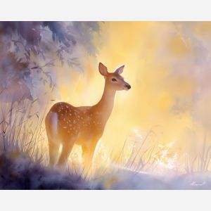 a, luminous, deer, in, a, natural, setting, painted, soft washes, pastel hues, natural flow, gentle gradients, atmospheric depth, textural blending, organic motion, diffused light, fine pigments, layered tones