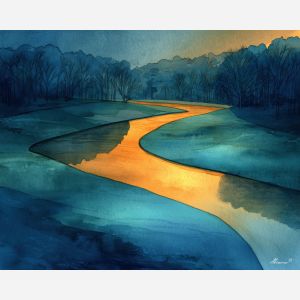 a, glowing, river, bend, curving, through, quiet, land, watercolor landscape, soft washes, pastel hues, natural scenery, gentle gradients, outdoor painting, light texture, soft foreground, distant horizon, atmospheric depth