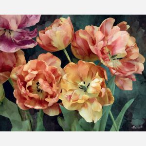 a, composition, of, lush, tulip, arranged, in, graceful, soft washes, pastel hues, natural flow, gentle gradients, atmospheric depth, textural blending, organic motion, diffused light, fine pigments, layered tones