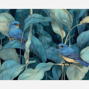 a, glade, where, bluebirds, gather, among, soft, leaves, watercolor landscape, soft washes, pastel hues, natural scenery, gentle gradients, outdoor painting, light texture, soft foreground, distant horizon, atmospheric depth