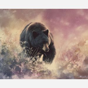 a, dusky, bear, in, a, natural, setting, painted, soft washes, pastel hues, natural flow, gentle gradients, atmospheric depth, textural blending, organic motion, diffused light, fine pigments, layered tones