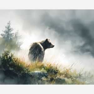 a, misty, bear, in, a, natural, setting, painted, soft washes, pastel hues, natural flow, gentle gradients, atmospheric depth, textural blending, organic motion, diffused light, fine pigments, layered tones