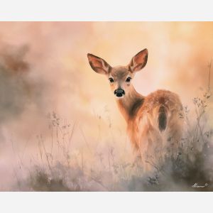 a, gentle, deer, in, a, natural, setting, painted, soft washes, pastel hues, natural flow, gentle gradients, atmospheric depth, textural blending, organic motion, diffused light, fine pigments, layered tones