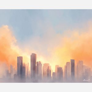 an, urban, view, of, a, gentle, skyline, rendered, soft washes, pastel hues, natural flow, gentle gradients, atmospheric depth, textural blending, organic motion, diffused light, fine pigments, layered tones