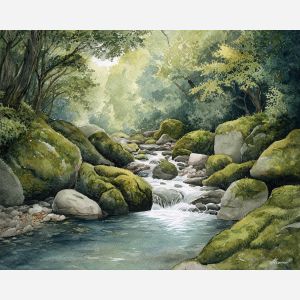 a, tranquil, stream, winding, between, mossy, stones, watercolor landscape, soft washes, pastel hues, natural scenery, gentle gradients, outdoor painting, light texture, soft foreground, distant horizon, atmospheric depth