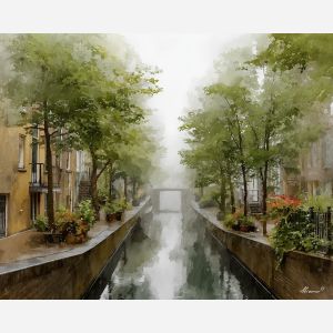 an, urban, view, of, a, misty, canal, rendered, soft washes, pastel hues, natural flow, gentle gradients, atmospheric depth, textural blending, organic motion, diffused light, fine pigments, layered tones