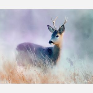 a, wild, deer, in, a, natural, setting, painted, soft washes, pastel hues, natural flow, gentle gradients, atmospheric depth, textural blending, organic motion, diffused light, fine pigments, layered tones
