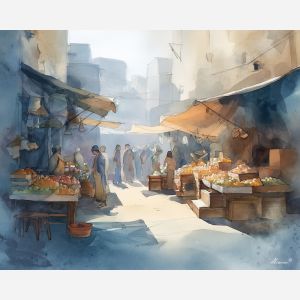 an, urban, view, of, a, sunlit, market, rendered, soft washes, pastel hues, natural flow, gentle gradients, atmospheric depth, textural blending, organic motion, diffused light, fine pigments, layered tones