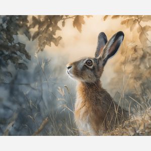a, silent, hare, in, a, natural, setting, painted, soft washes, pastel hues, natural flow, gentle gradients, atmospheric depth, textural blending, organic motion, diffused light, fine pigments, layered tones