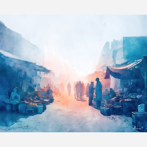 an, urban, view, of, a, hazy, market, rendered, soft washes, pastel hues, natural flow, gentle gradients, atmospheric depth, textural blending, organic motion, diffused light, fine pigments, layered tones