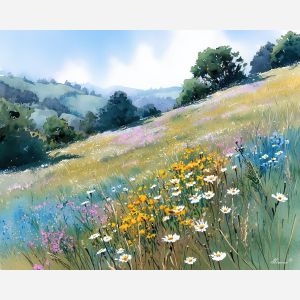 a, hillside, meadow, dotted, with, wildflowers, watercolor landscape, soft washes, pastel hues, natural scenery, gentle gradients, outdoor painting, light texture, soft foreground, distant horizon, atmospheric depth