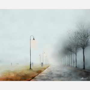 an, urban, view, of, a, misty, boulevard, rendered, soft washes, pastel hues, natural flow, gentle gradients, atmospheric depth, textural blending, organic motion, diffused light, fine pigments, layered tones