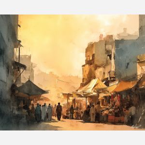 an, urban, view, of, a, amber, market, rendered, soft washes, pastel hues, natural flow, gentle gradients, atmospheric depth, textural blending, organic motion, diffused light, fine pigments, layered tones