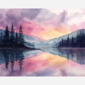 a, calm, lake, reflecting, pastel, sky, colors, watercolor landscape, soft washes, pastel hues, natural scenery, gentle gradients, outdoor painting, light texture, soft foreground, distant horizon, atmospheric depth
