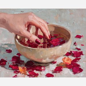 berry red nails, spa manicure painting, rose petal bowl art, warm water soak, red polish art, hand in bowl still life, spa beauty décor, manicure relaxation scene, rich red manicure, floral spa imagery, beauty treatment painting, hand care art, nail salon décor, rose petals aesthetic, soothing manicure art, warm beauty palette