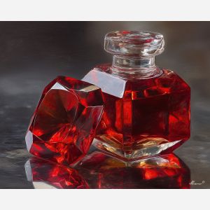 ruby nails, red manicure art, crystal reflection, faceted glass still life, bold red nails, luxury beauty art, glossy polish painting, striking manicure décor