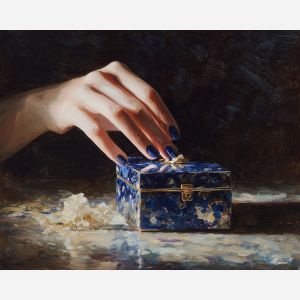 blue nail polish, sapphire manicure, electric blue nails, jewelry box art, luxurious nail scene, shimmering blue décor, glossy nail art painting, jewel-tone manicure, beauty décor art, bold blue palette, glam nails artwork, luxe nail imagery