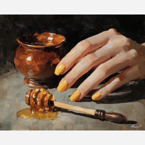 honey nails, amber manicure, golden polish painting, warm beauty palette, wooden dipper still life, soft amber glow, golden nail artwork, cozy beauty scene