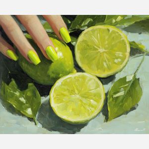 lime green nails, citrus manicure, bright nail art, green polish scene, fresh citrus painting, hand with lime nails, energetic color palette, beauty décor art, fruit-inspired nail art, vibrant nail painting, citrus slice still life, beauty product art, green aesthetic décor, refreshing manicure painting, spa and salon artwork, vivid polish scene, nature-inspired nails, botanical beauty art, colorful manicure décor