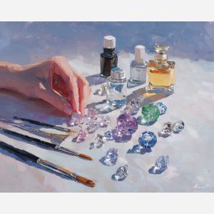 nail studio art, nail brushes painting, crystal manicure scene, cosmetic tools artwork, nail polish bottles, luxury beauty painting, gemstone reflections, manicure composition art, nail artist décor, beauty workspace art, glamorous nail tools, sparkling studio light, colorful nail polish art, beauty product still life, nail art environment, nail design tools image, shimmering beauty palette, professional salon décor, gem-inspired manicure art, beauty product painting